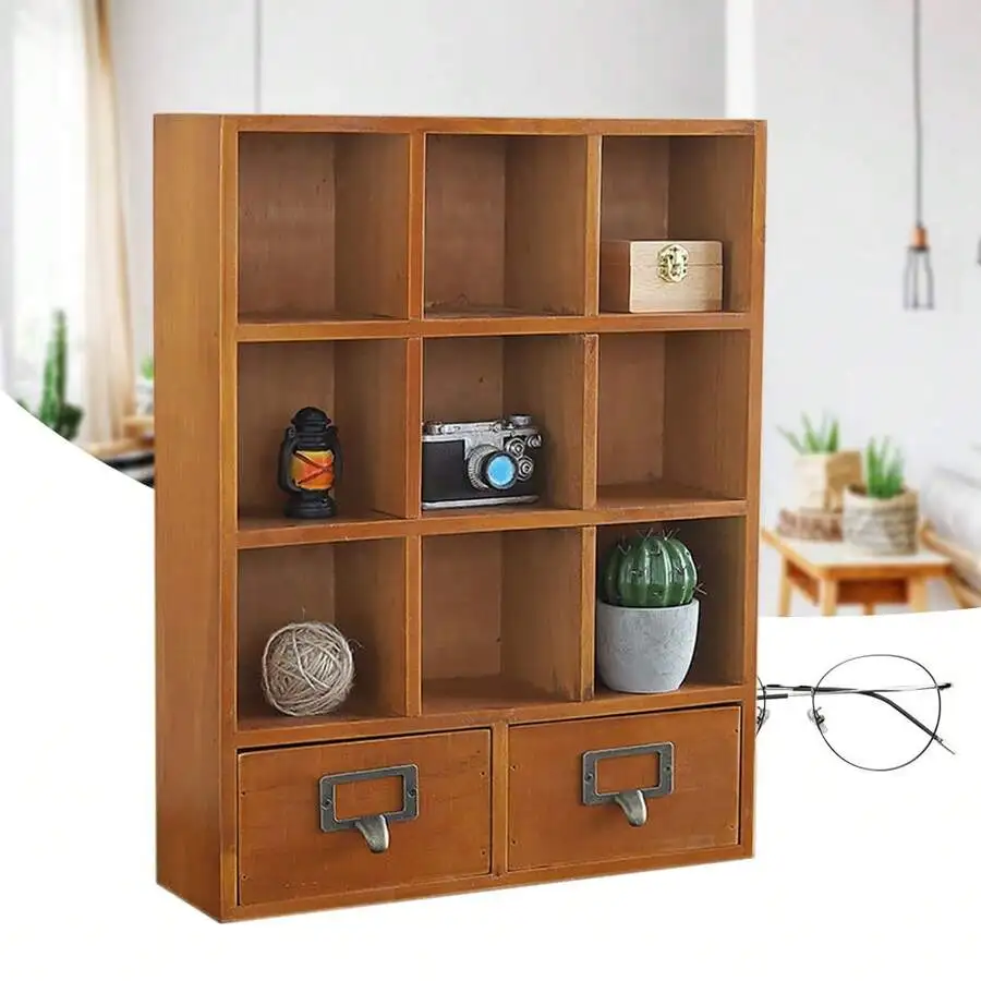 Vintage Wooden Desk Organizers Office Storage Rack 9 Cube Grids Display Shelf With 2 Drawers Desktop Storage Shelf For Home Offi