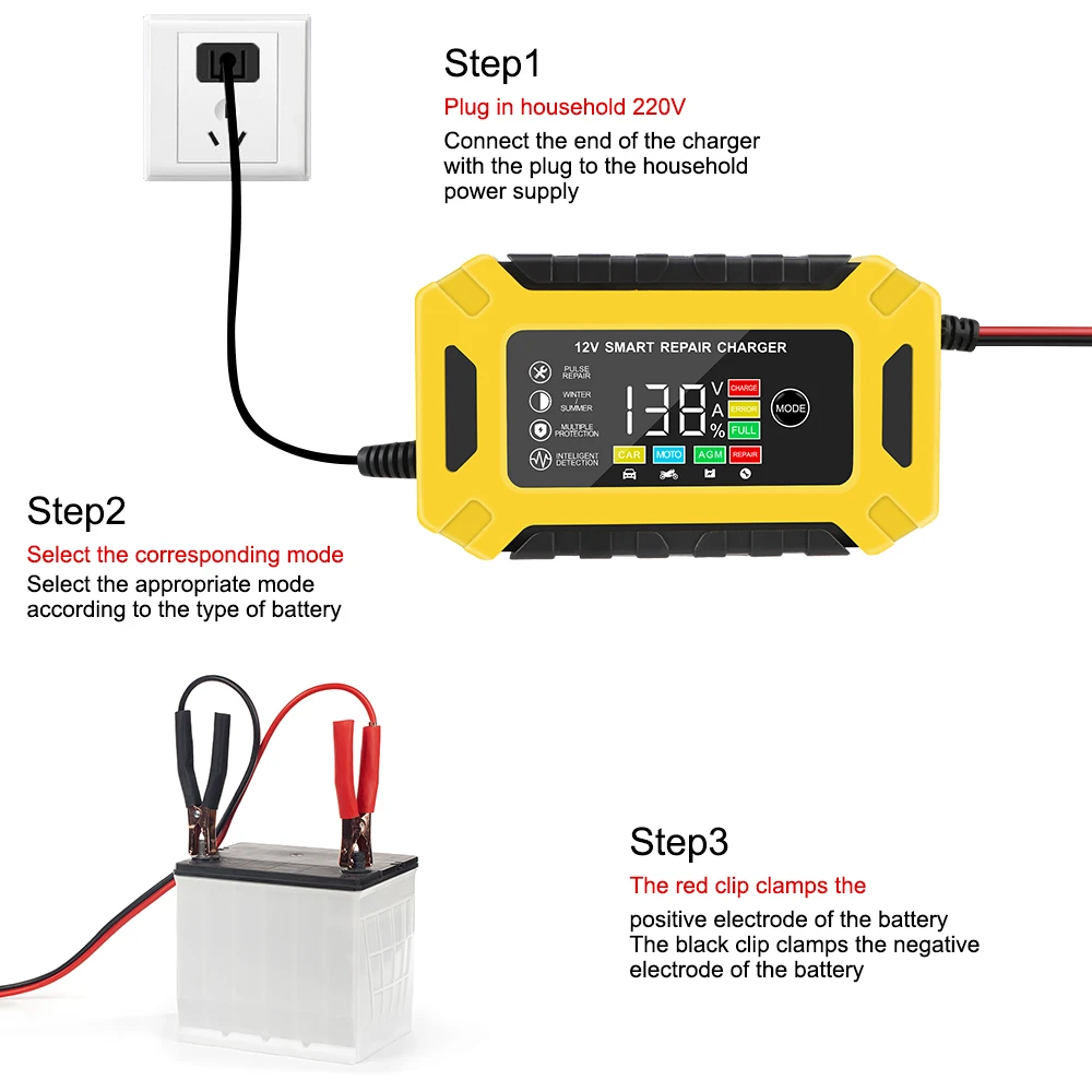 12V 6A Smart Truck Motorcycle Charger Wet Dry Lead Acid Gel Charger Car Auto Battery Charger Pulse Repair Digital LCD Display