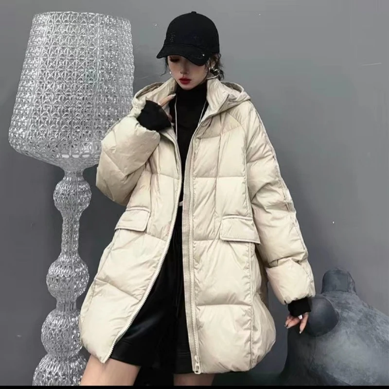 High Fashion Coat Loose Large-sized Korean Down Jacket Women Same Style Trendy Mid-length White Duck Down Hooded Jacket Winter