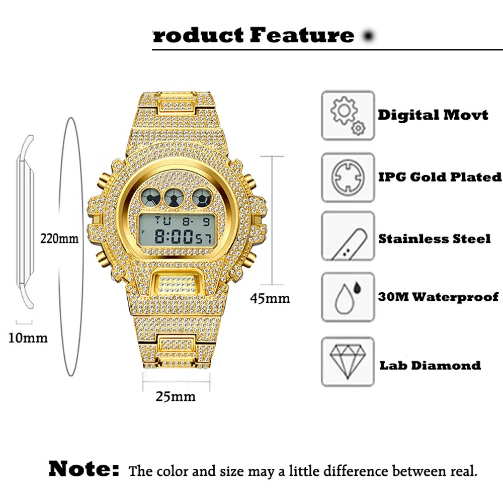 Reloj de oro de 18k para Hombre, pulsera de cuarzo con diamantes completos, LED, Digital, estilo Hip Hop, envío directo