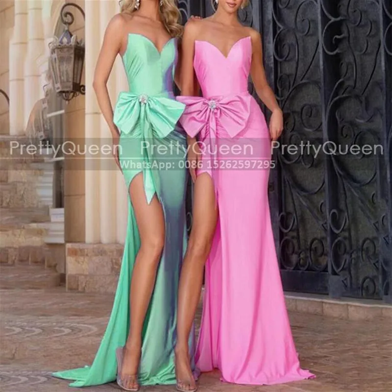 Sexy High Split Bridesmaid Dresses Long Mermaid Bow Strapless Sweetheart Customized Trumpet Wedding Party Dress For Women
