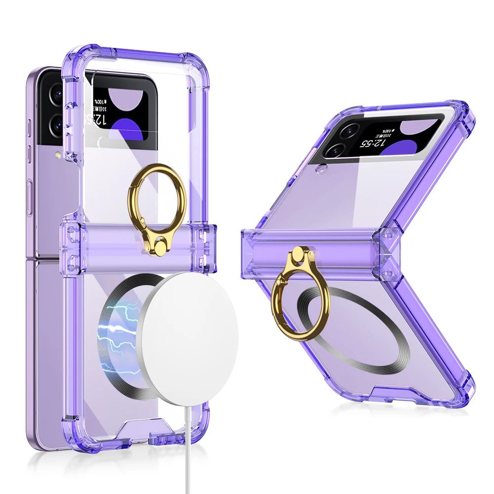 For Samsung Galaxy Z Flip 5 4 3 Magsafe Wireless Charging Case Magnetic Electroplate Transparent Ring Holder Folding Hingle Case