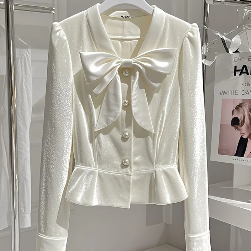 Limiguyue New Elegant White Velvet Blouse High End V-neck Bow Tops Autumn Women Pearl Button French Small Shirt Office Lady 391P