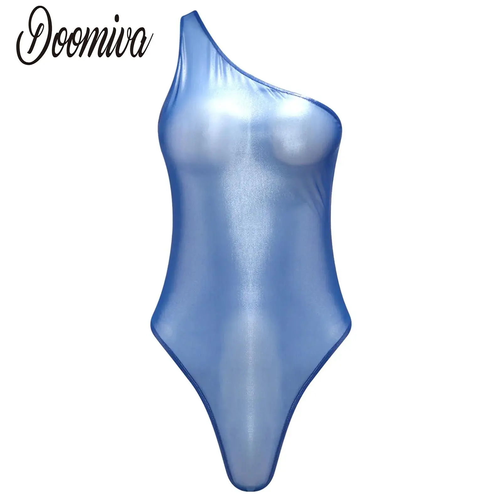 Women Shimmering Sheer Mesh Bodysuit Swimsuit Pool Party One Shoulder Sleeveless One Piece Leotard Swimwear Rave Party Clubwear