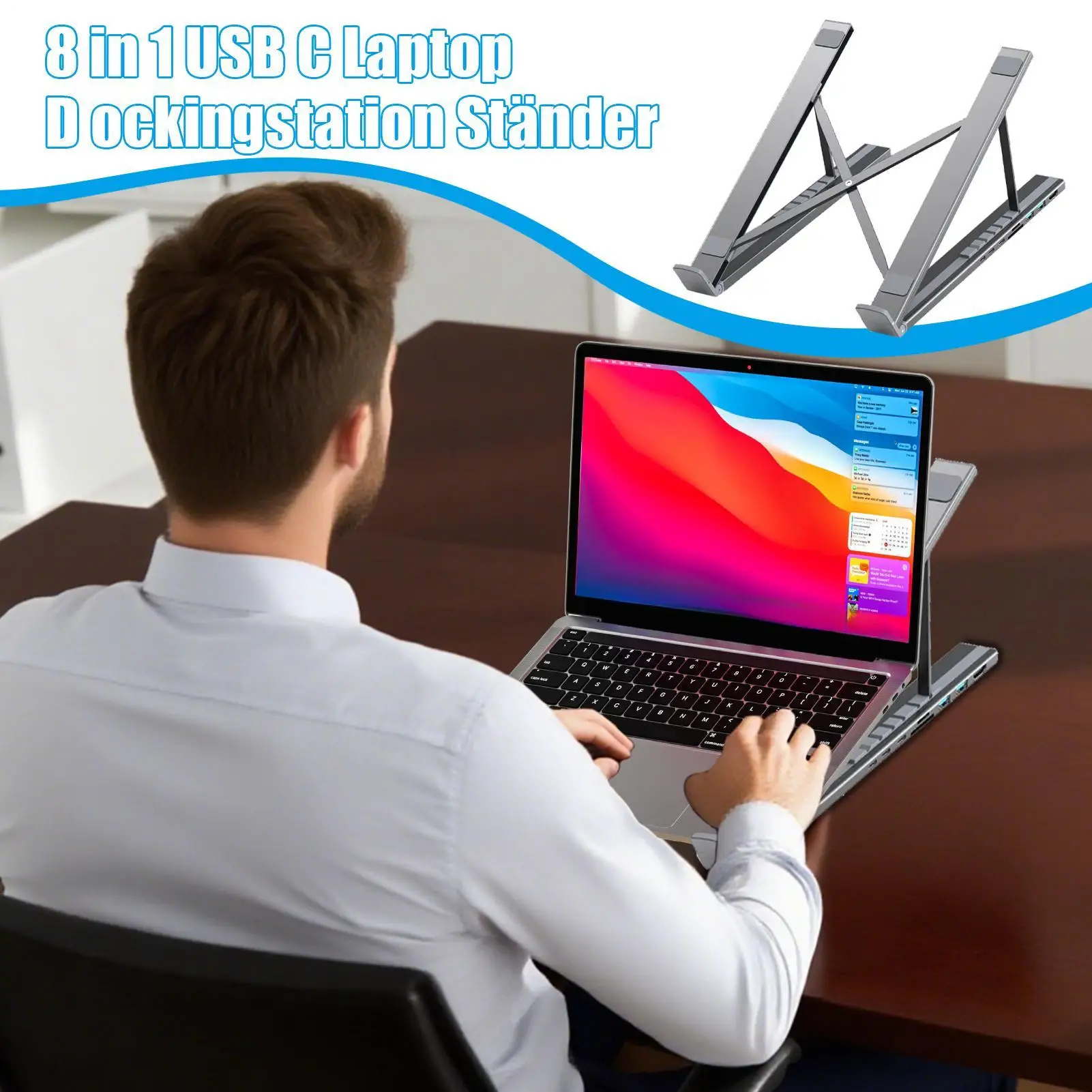 Laptop Docking Station Stand Adjustable Height Tablet Stand Workstation Hub 8-in-1 Multiport Adapter Quick Charge Cooling Riser
