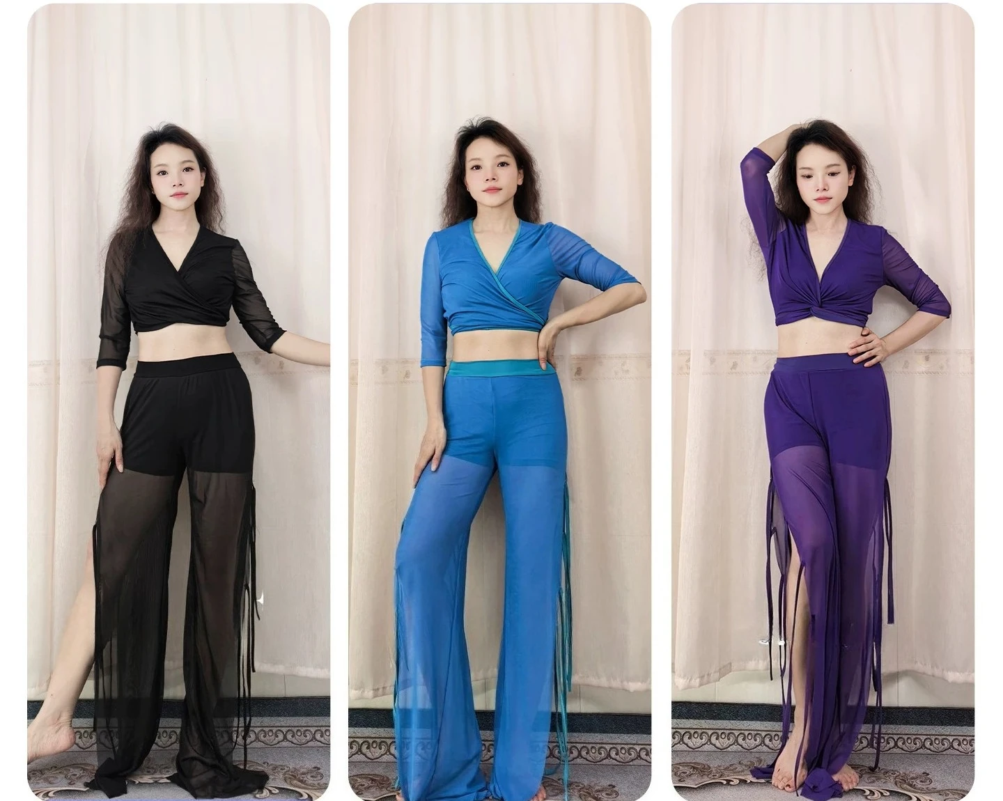 Bauchtanz-Kostümset für Damen, sexy Mesh-Oberteil mit V-Ausschnitt + Quastenhose, 2-teilig, orientalische Volkstanzgruppe, professionelle Trainingskleidung – Detail 1