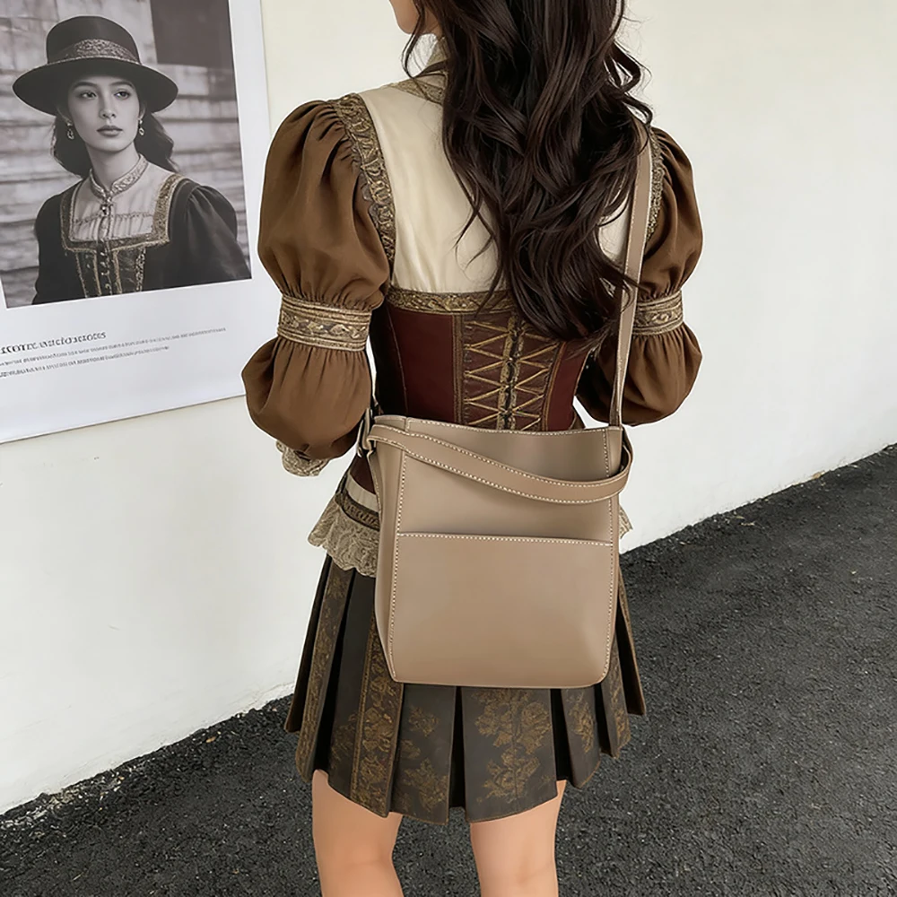 

Ретро-сумка кросс-боди 2026: Новая универсальная женская сумка-ведро из однотонной искусственной кожи для повседневного использования, вместительная, подходит ко всему