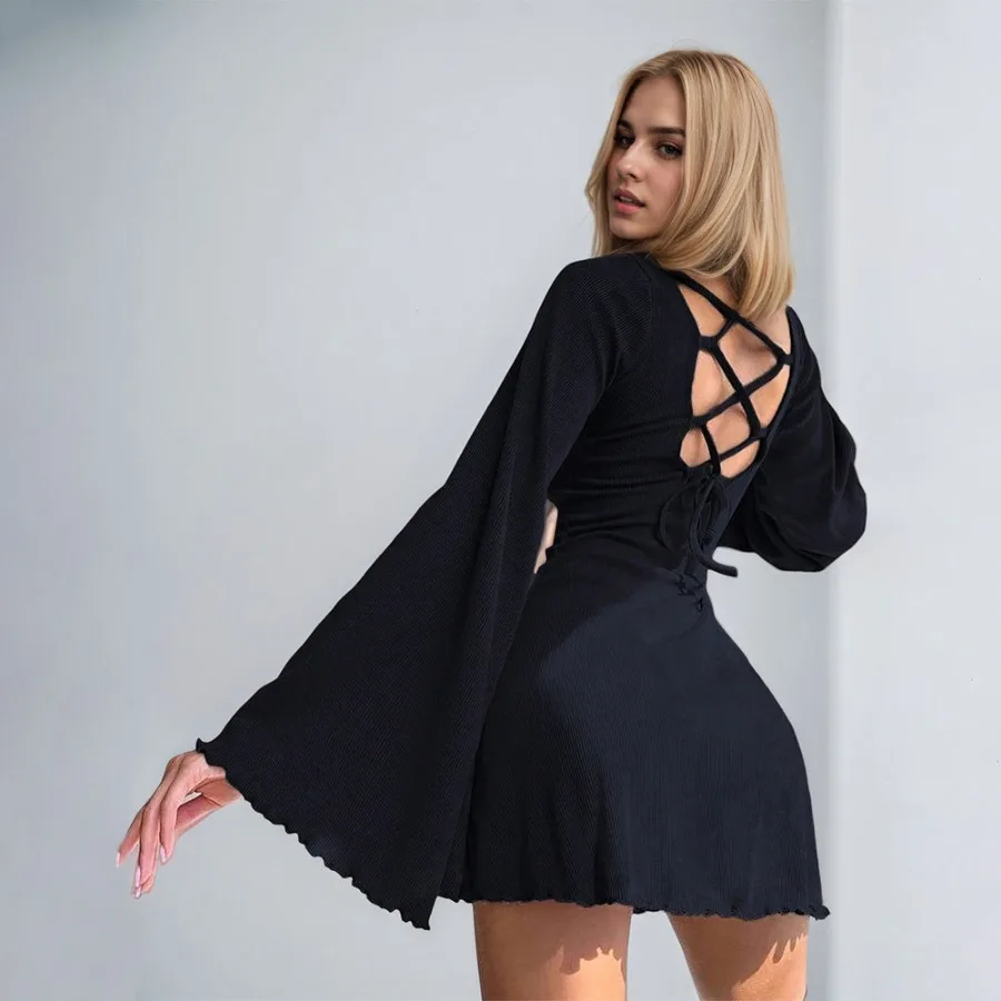 

【New style】 - women's clothing spring and summer new style European and American temperament elegant dress trumpet sleeves back
