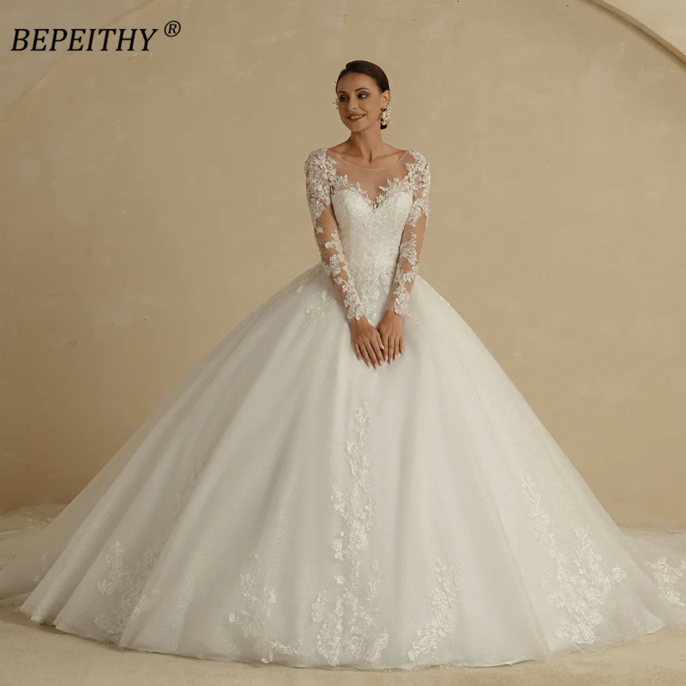 Bepeithy personalizado requintado colher vestido de casamento 2022 para as mulheres mangas completas capela trem vintage caiu renda bola vestido de noiva