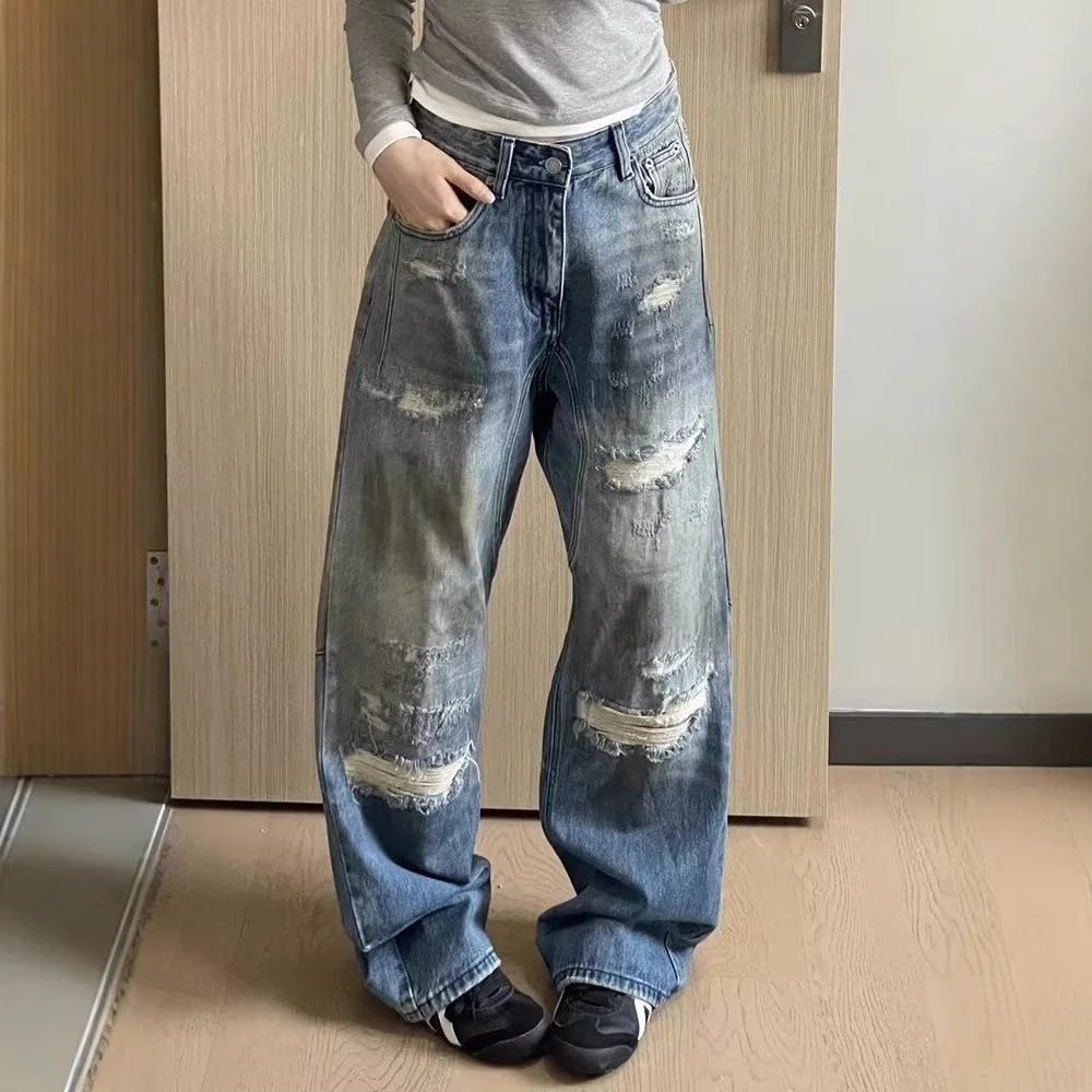 

Лето 2024, новые мужские мешковатые джинсы с искусственными отверстиями, американский ретро-тренд, модные нишевые уличные хип-хоп повседневные простые мужские штаны