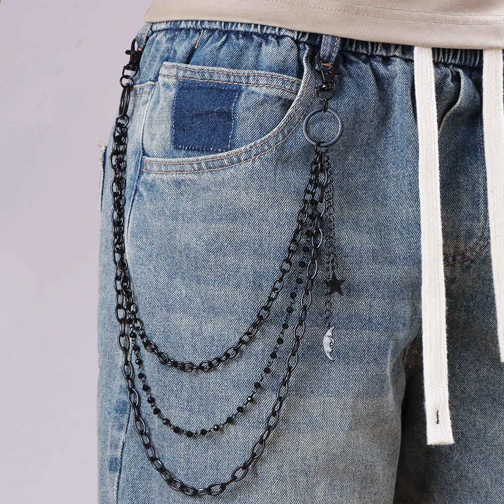 سلسلة شعبية للسراويل - قلادة نجمة وقمر عصرية متعددة الطبقات متعددة الطبقات للسراويل، سلسلة راقية للجينز #1