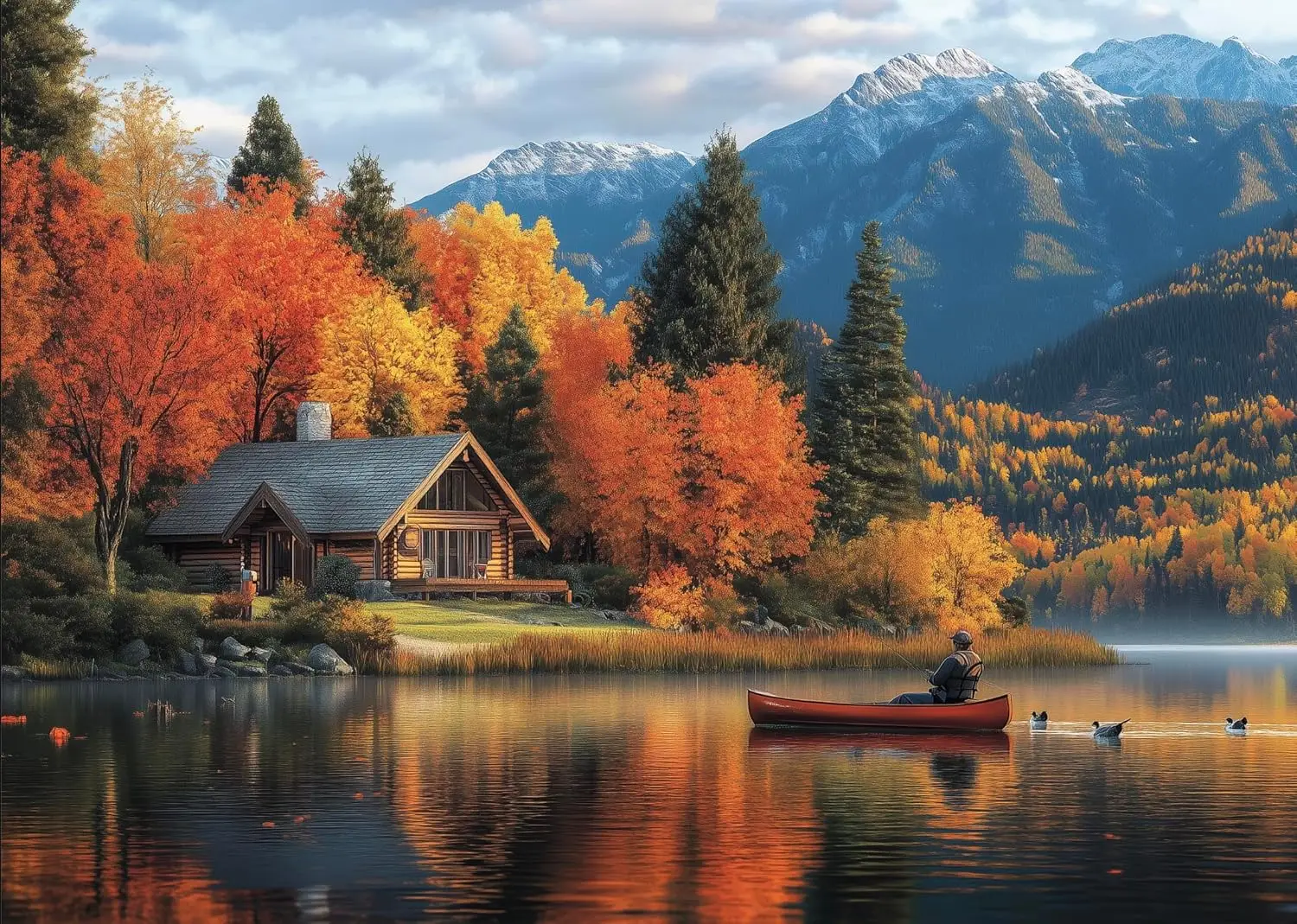 Autumn Mountain Lake Cabin Jigsaw Puzzle Fall Forest Fisherman Canoe Snow Mountain Peaceful Nature Puzzle Wall Decor Gift