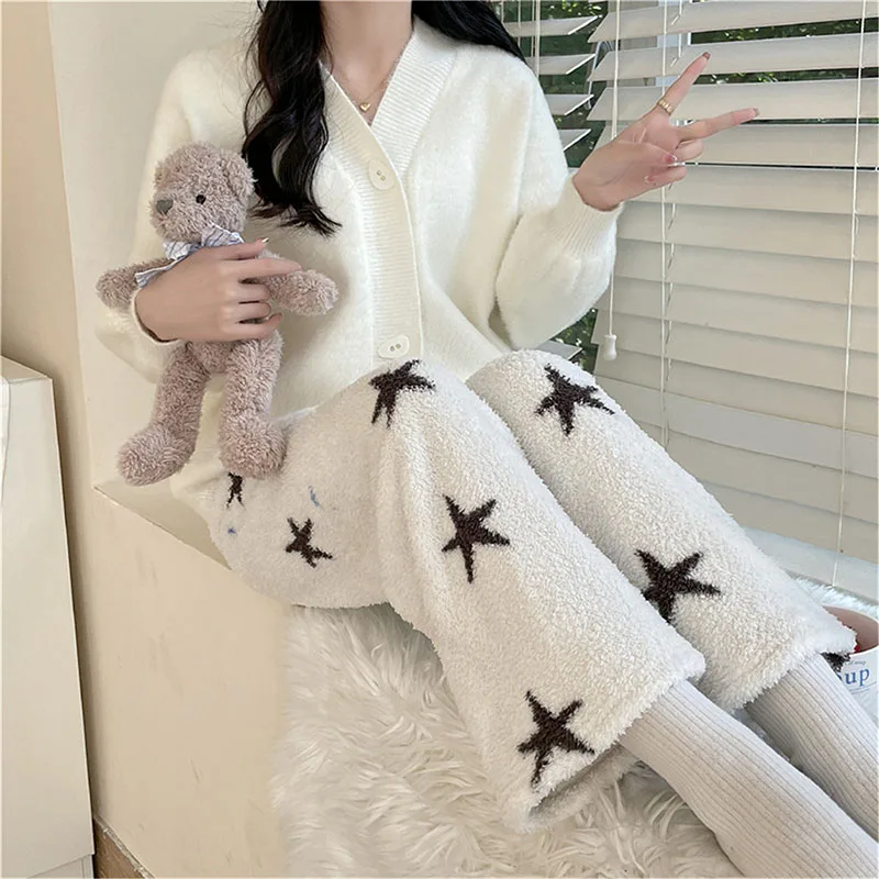 Thickened Warm Pajama Pants Woman Autumn and Winter Star Pattern Printing Long Plush Casual Trousers Student Sleeping Pants