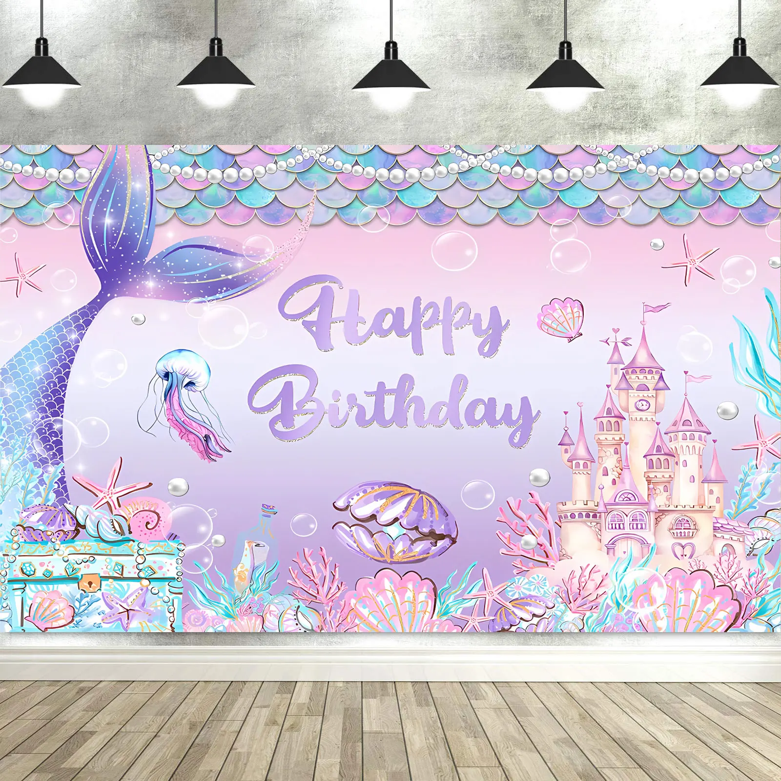 

Dewprint Mermaid Backdrop Under The Sea Photography Background Decoration Supplies Girls Princess Birthday Party Banner