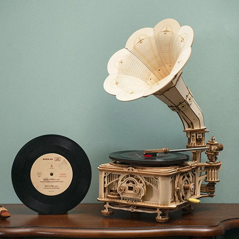 ได้รับการรับรองใหม่ยอดนิยม Handmade ประกอบปริศนาไม้ชุดของขวัญไม้คลาสสิก Gramophone ของเล่น