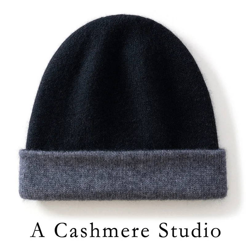 Women's 100% cashmere hats knitted wool hats cold hats winter pullover hats color matching double-layer padded bonnet.