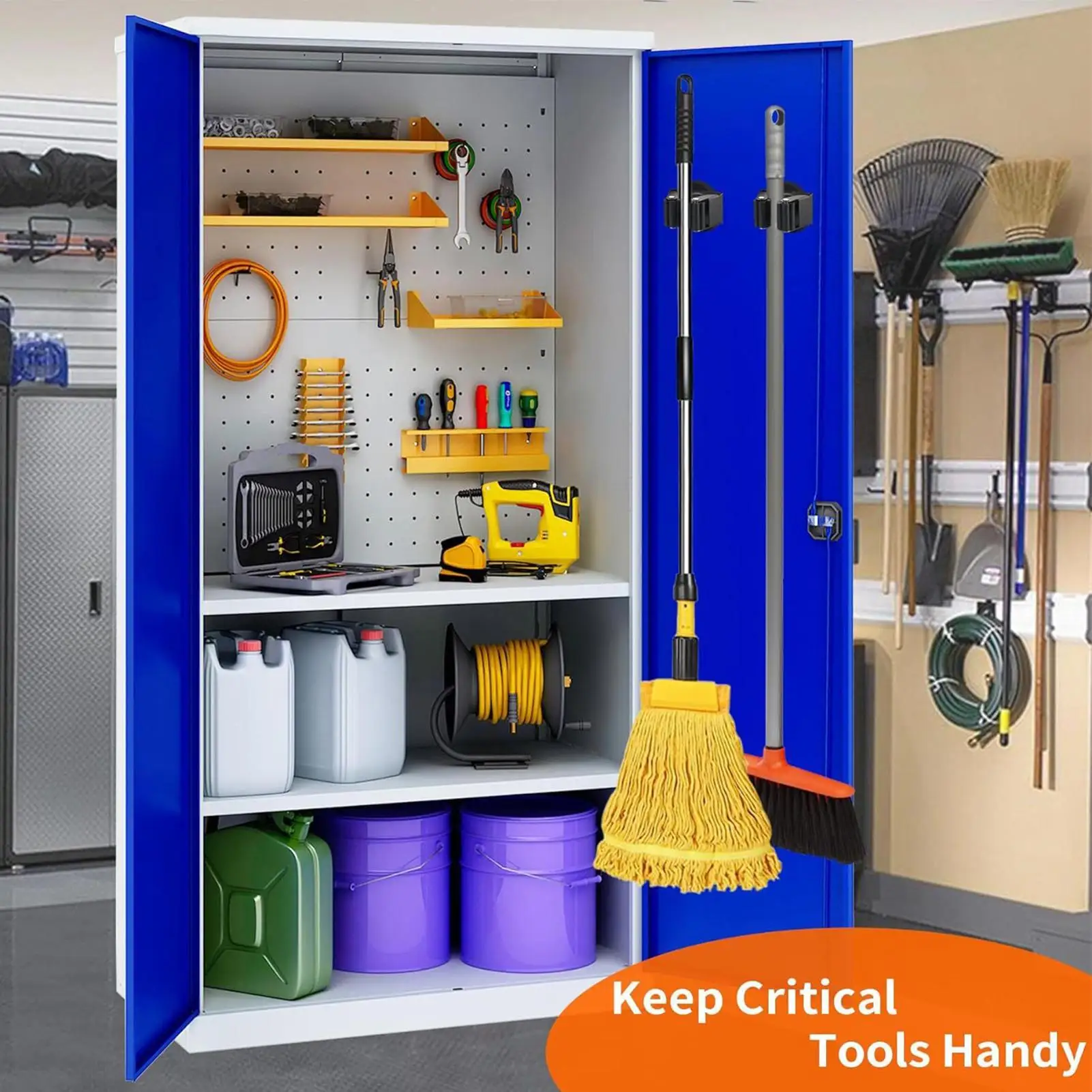 Soporte de pared para escobas y fregonas de acero inoxidable, con adhesivo, resistente al óxido, ideal para organizar herramientas de baño, cocina y jardín.