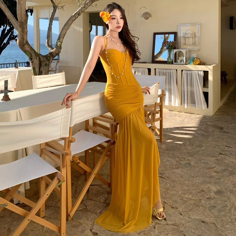 女性用イエローチュールボディコンイブニングガウン、サイドスリット入り、ボーン入り、パネル付き、ギャザー入りペンシルマーメイドスカート、エレガントなクラブパーティー、プロム、ドレス