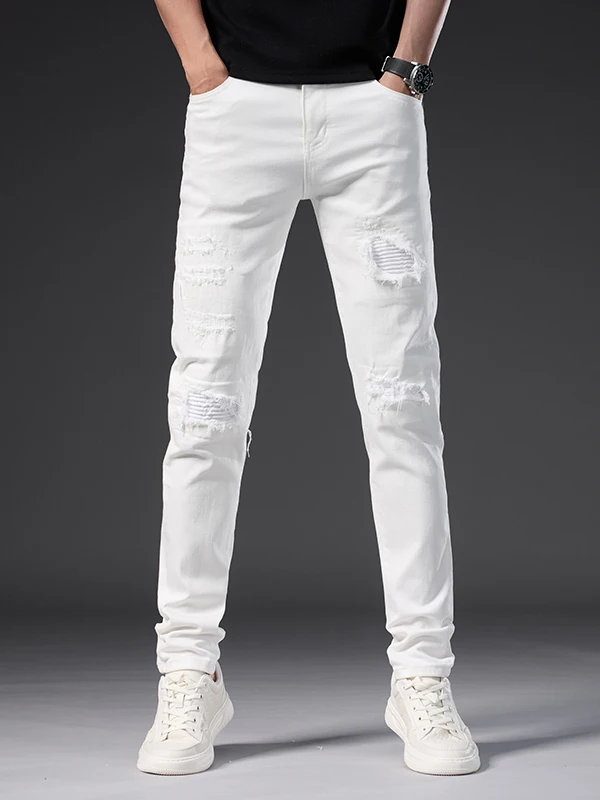

High-End White Ripped Folded Patch Men's Jeans Slim Fit Casual Long Pants Cotton Stretch Denim Youth Autumn Straight Leg Jeans