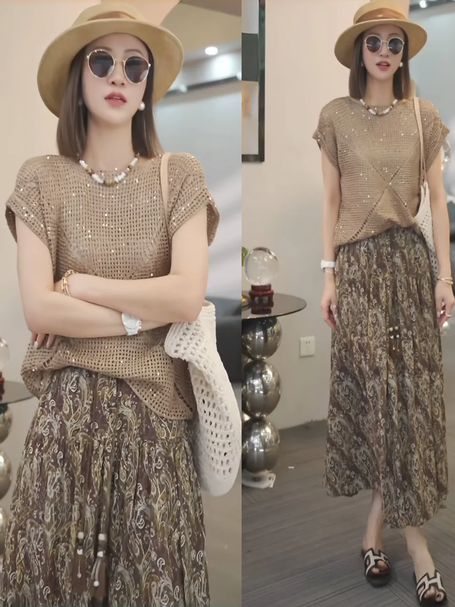 

Slimming Large Size Summer Hollow out Knitwear Women's Loose Sle Faionable Casual Wear High Waist Long Pants round Ne