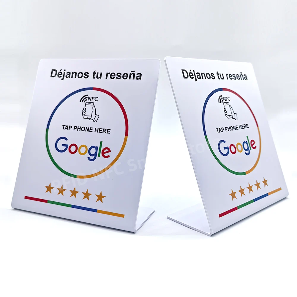 Déjanos tu reseña NFC Google Review NFC Stand Display Table Display URL Writing Social Media Business Review Card