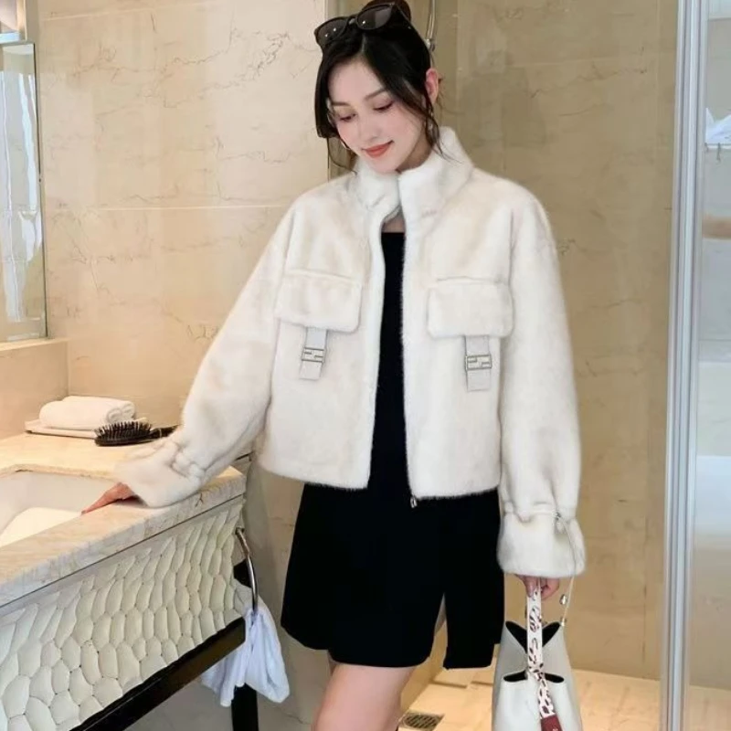 Winter nieuwe nepbontjas luxe merk imitatie nertsenbont jas dames korte pluche top rits warme bovenkleding ontwerp jas