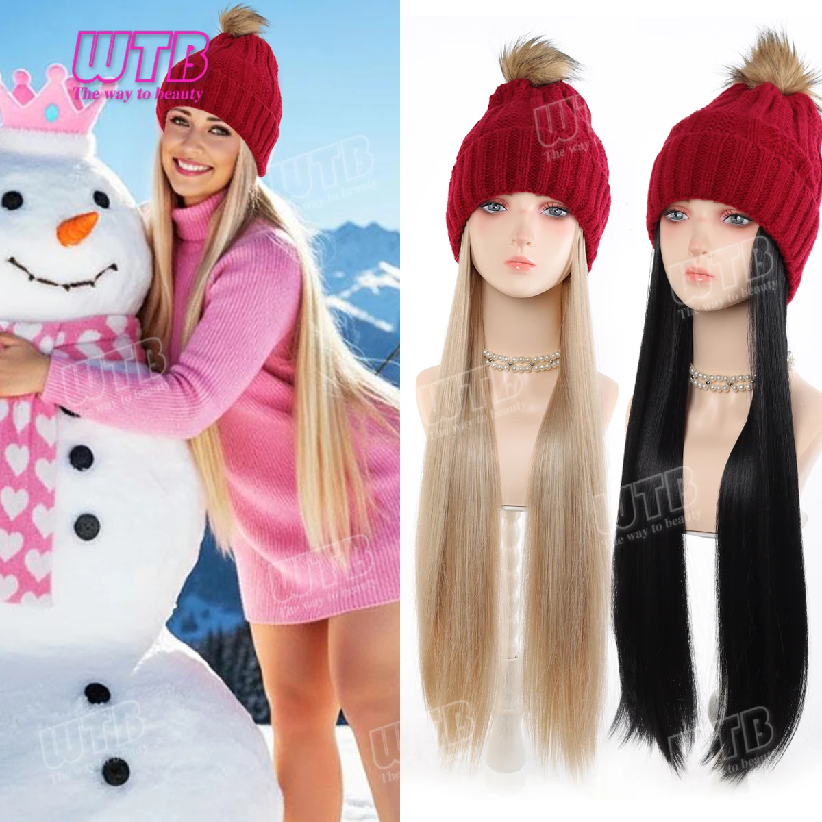 Long Straight Hat Wig Synthetic Wig With Elastic Knitted Hat Wig High Temperature Fiber, Suitable For Daily Wear, Autumn Winter