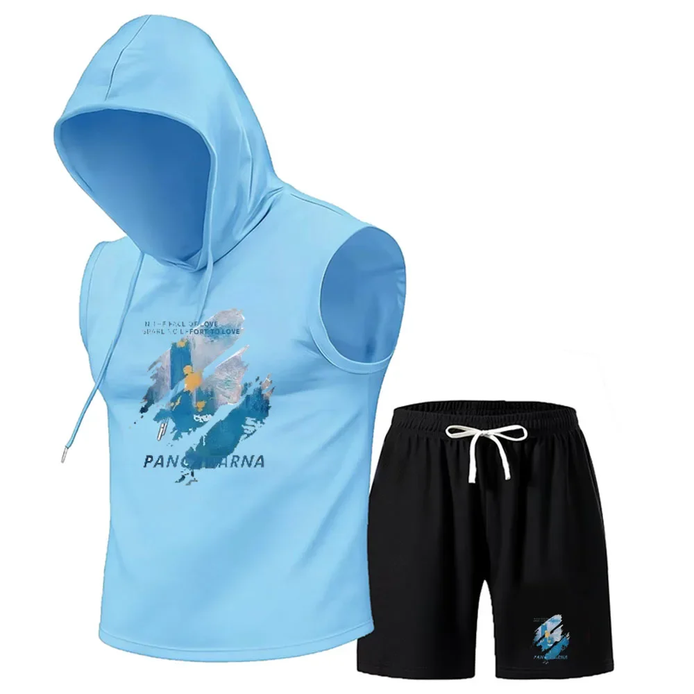 2026 Men's hooded top+shorts summer new loose round neck trendy set, casual and comfortable, youthful and fashionable print view 6