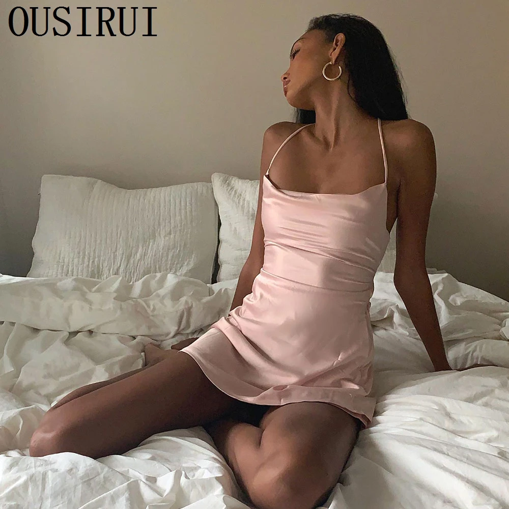 

OUSIRUI Pink Mini Prom Dresses Satin For Woman 2024 New Summer Beach Halter Lace Up Evening Gowns vestidos elegantes para mujer