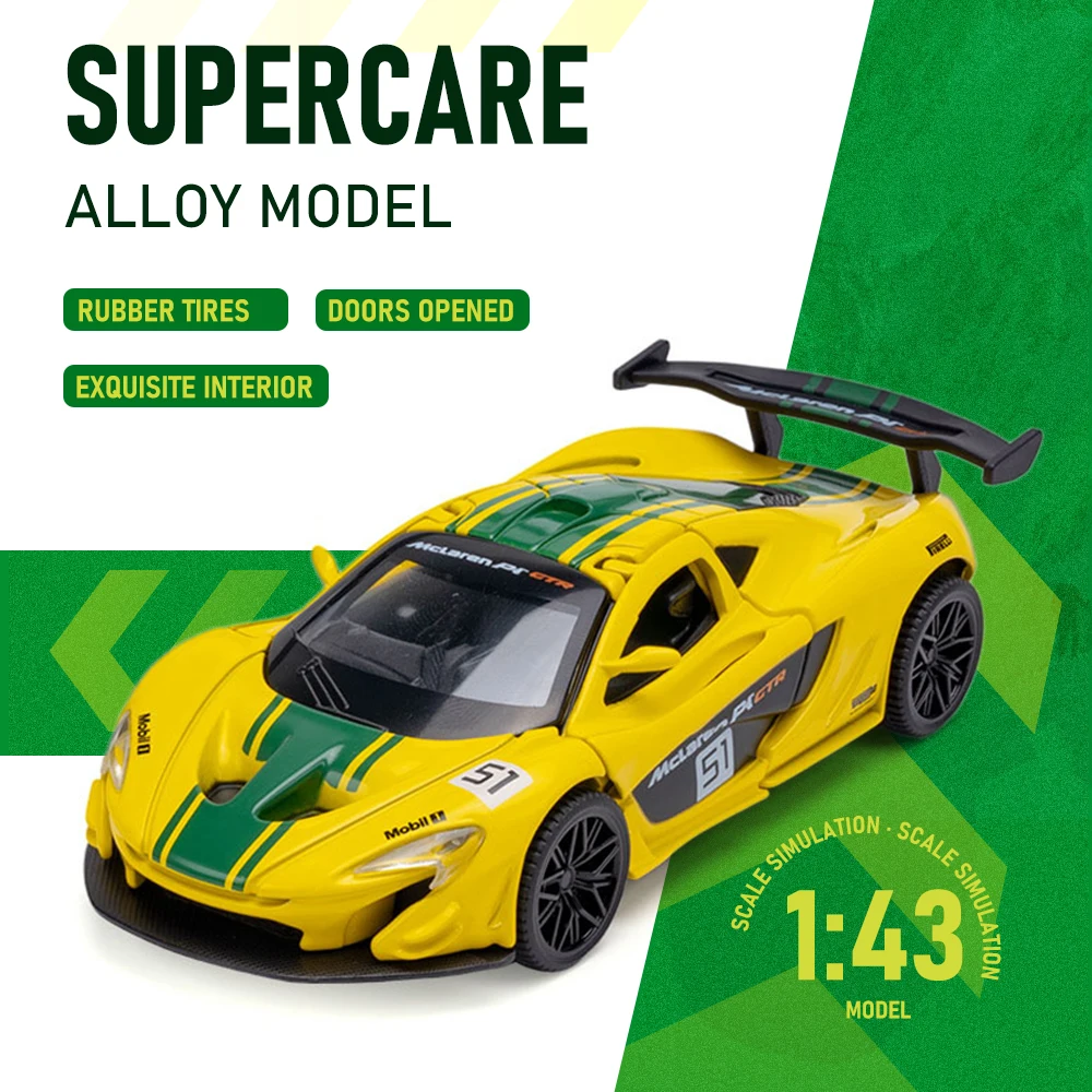 

1:43 P1 GTR Sport Cars Toy Miniature Models Alloy Diecast Door Opened Rubber Tires with Acrylic Box Office Table Supercar Models