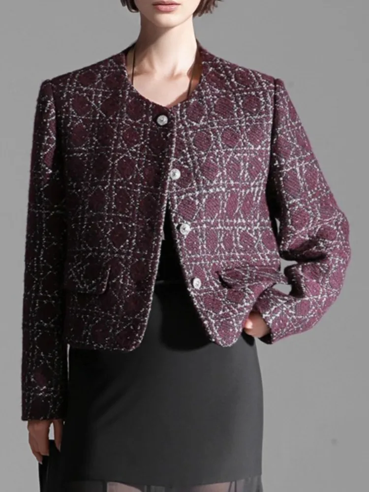 ZMEENNA Elegante marineblaue Tweed-Jacke für Damen, kurzer Mantel, ausgefranste Besatzknöpfe, lange Ärmel, Rundhalsausschnitt, Oberbekleidung ZM4340