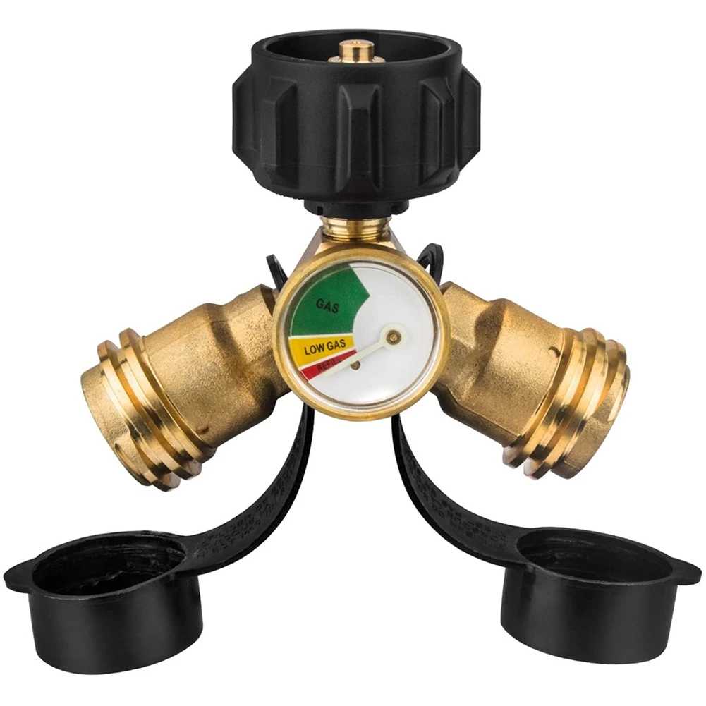 Y31A Adattatore serbatoio propano Splitter Y con manometro, adattatore gas LP a 2 vie Regolatore connettore a T per bombola serbatoio propano