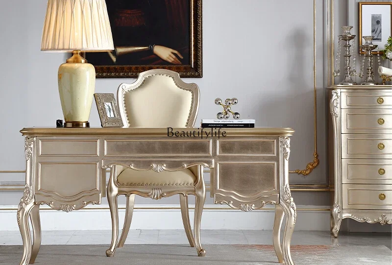 

Z.**French light luxury solid wood desk chair leather book chair European retro court