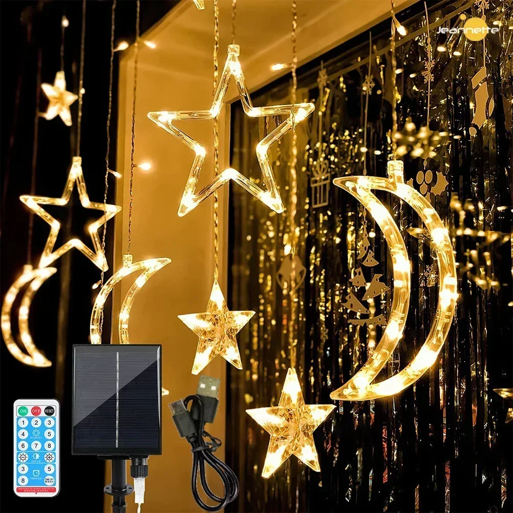 

Solar Lights Outdoor Star Moon Solar String Light USB Rechargeable Indoor Waterproof Solar Curtain Lamp Garden Xams PartyBalcony