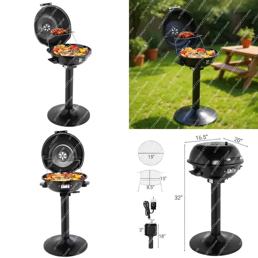 Portable Double Layer Electric BBQ Grill Black With Stand Indoor Outdoor Use 1600W Steel Modern Design