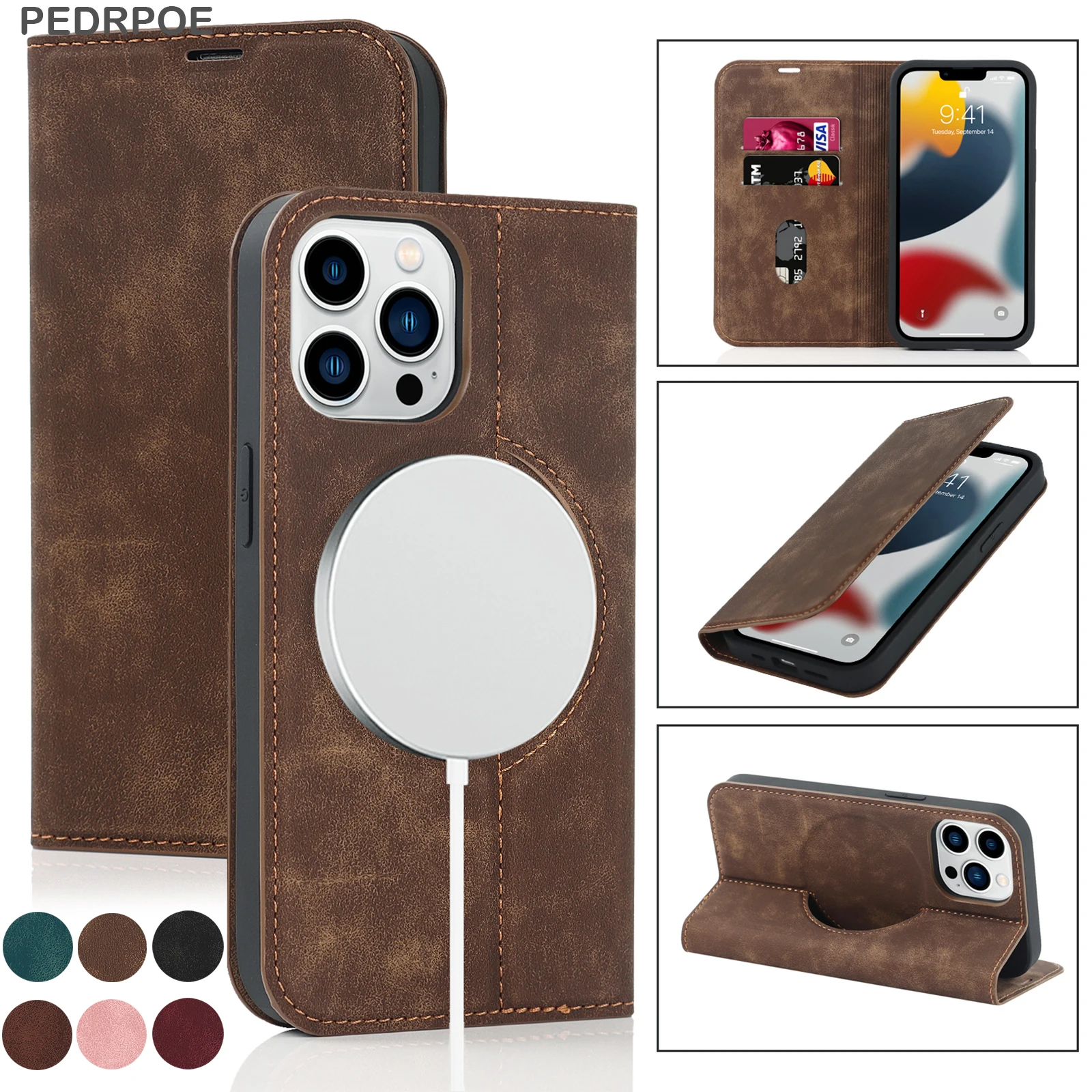 

Кожаный флип-кошелек, чехол для телефона iPhone 14 ProMax 14Plus 13mini 13Promax 12Mini 12Pro 12Promax Magsafe, чехол для беспроводной зарядки