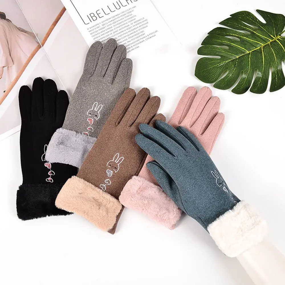 Simple Colorful Velvet Riding Driving Winter Rabbit Gloves Touch Screen Mittens Plush Gloves Women Mittens