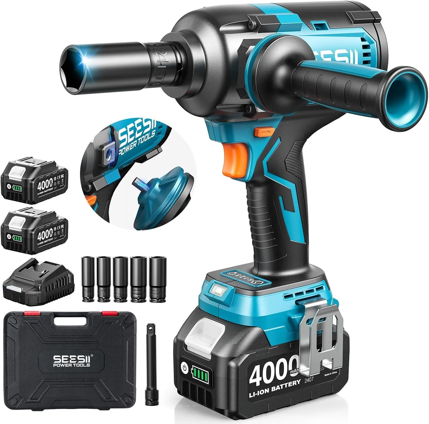 

Аккумуляторный ударный гайковерт Seesii 1200 Нм, 1/2 дюйма, с отсоединяемой боковой рукояткой, 21 В, высокомоментный, 2 аккумулятора по 4,0 Ач