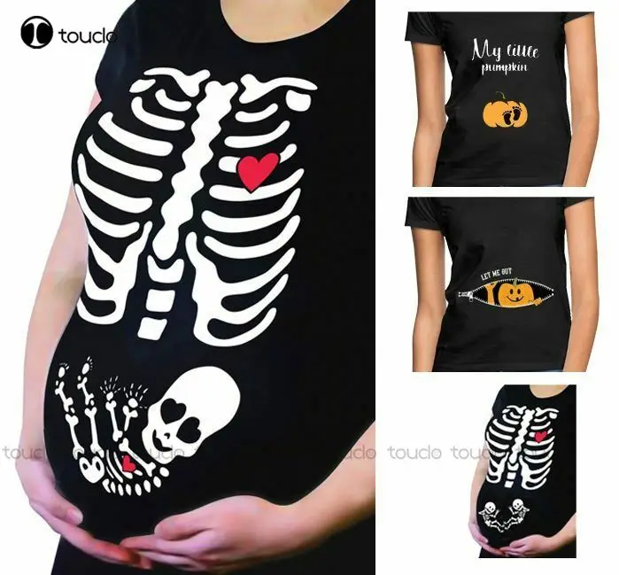 Halloween Costume Maternity Pregnant Funny Skeleton Pumpkin Baby T Shirt Summer Shirts For Women Custom Aldult Teen Unisex