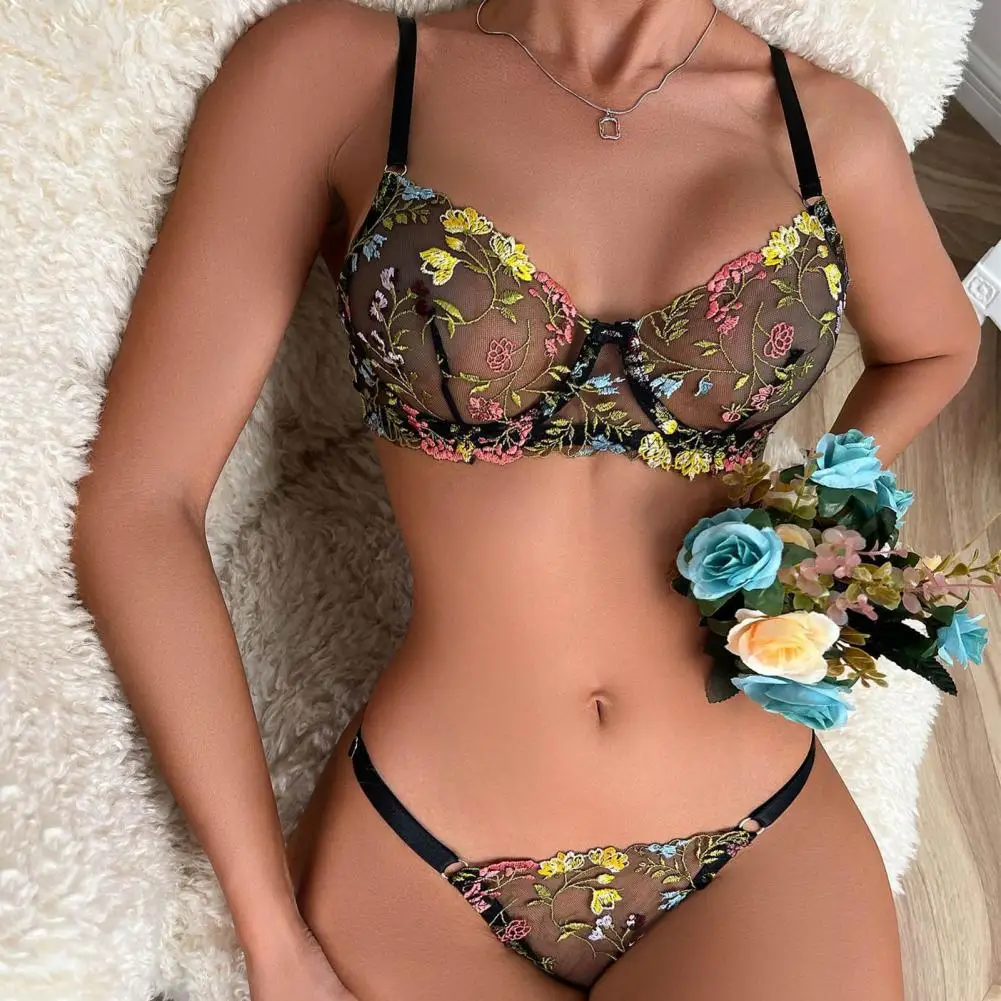 

Adjustable Shoulder Strap Underwear Floral Embroidered Mesh Bra Set Adjustable Straps Low Waist Thong Push-up for Women