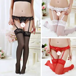 Sexy Lingerie Lace Pearl Crothless Panty with Garter Stockings Suit Set Exotic Wear Pajamas Underwear Night Bed Wear Women Girls