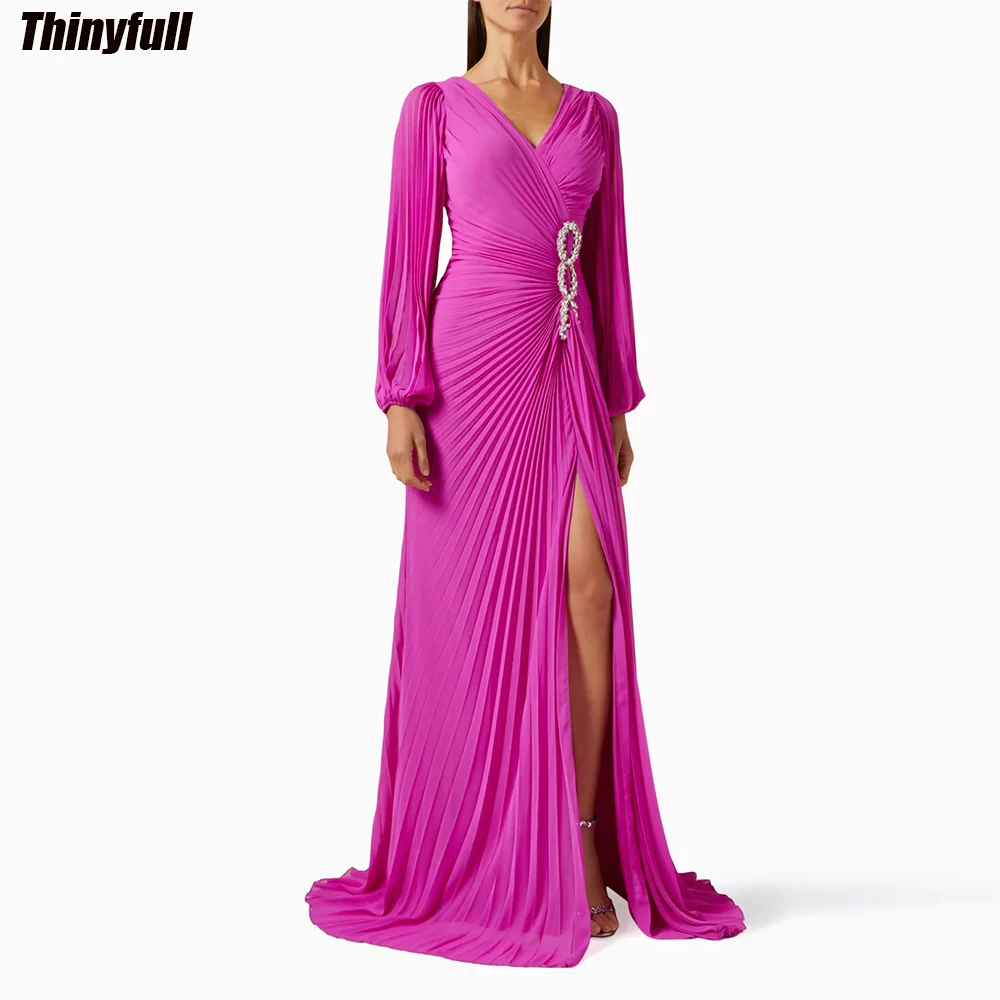 

Thinyfull Chiffon Prom Dresses V-neck Long Sleeves Evening Party Gown Pleat Split Outfit Dubai 2024 Formal Occasion Dress