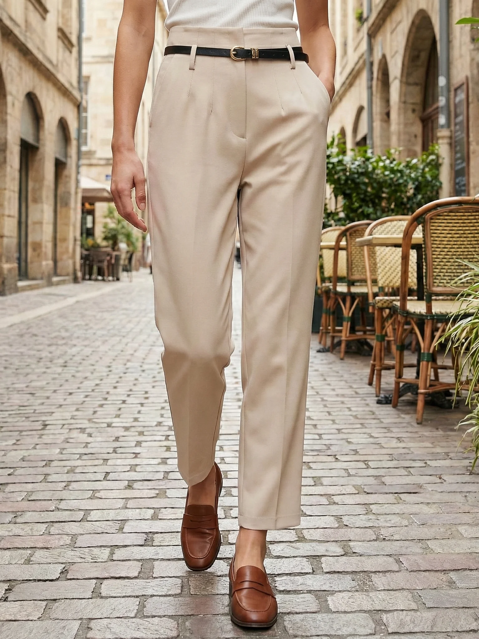 EDSA dames getailleerde hoge taille broek met riem rechte pijpen lange broek voor kantoordame streetwear