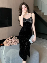 Fashion Lady Vintage Glitter Shiny Sequin Black Evening Dress Women Clothes Elegant Sexy Strap Slim Midi Party Birthday Vestidos