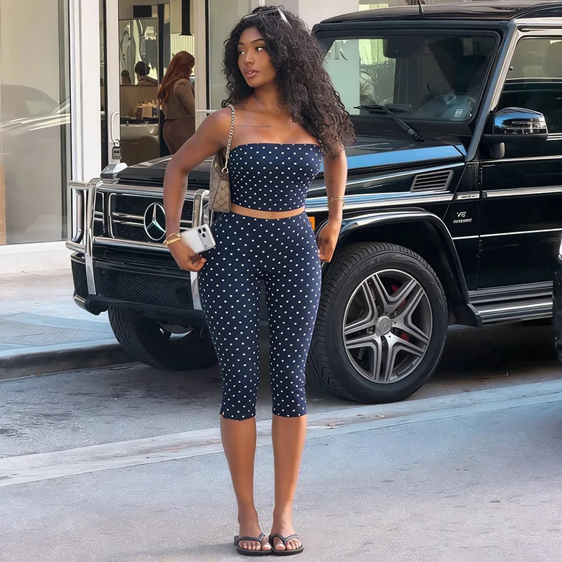 STYLISH LADY Retro Polka Dot 2 Piece Strapless Crop Top & Bodycon Capri Pants Sets 2026 Summer Women Sexy Club Party Outfits