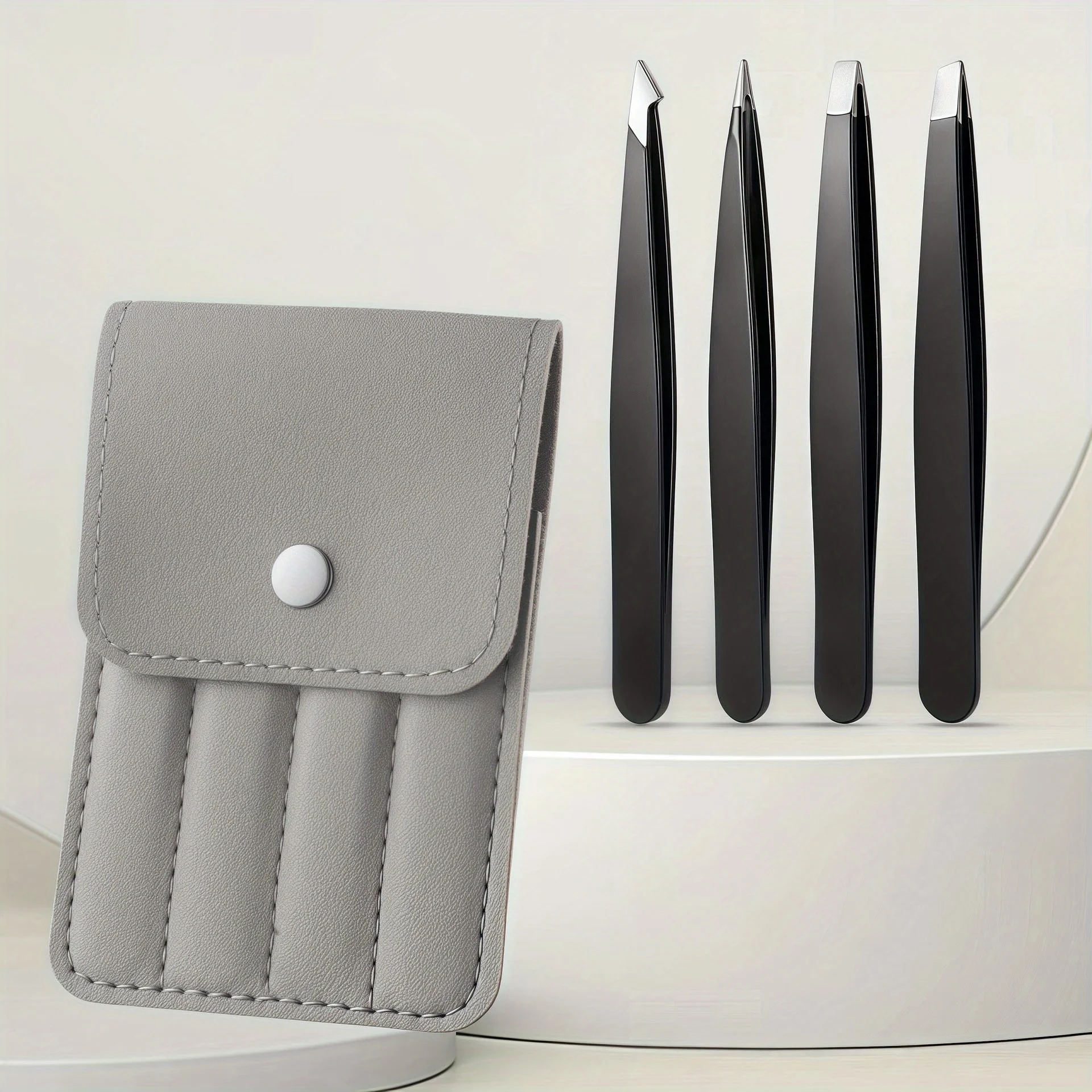 Juego de pinzas para cejas de acero inoxidable para pestañas postizas, estuche marrón de cuatro piezas, pinzas portátiles de almacenamiento para herramientas de maquillaje de cejas