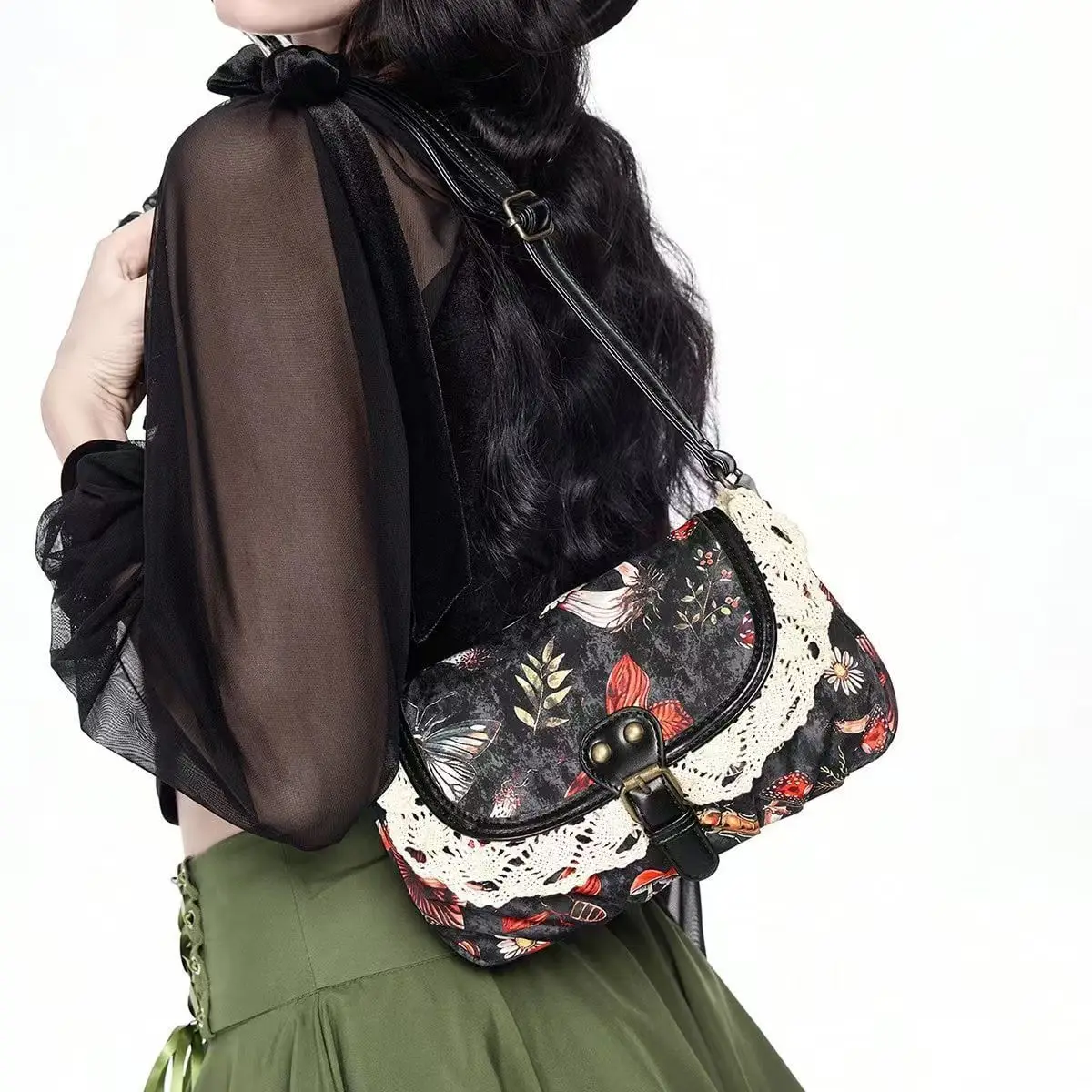 

Korean-style Y2k Punk Retro Flower Lace Trim Large-capacity Storage Bag Crossbody Bags Shoulder Bag Handbag Woman Bags Purse