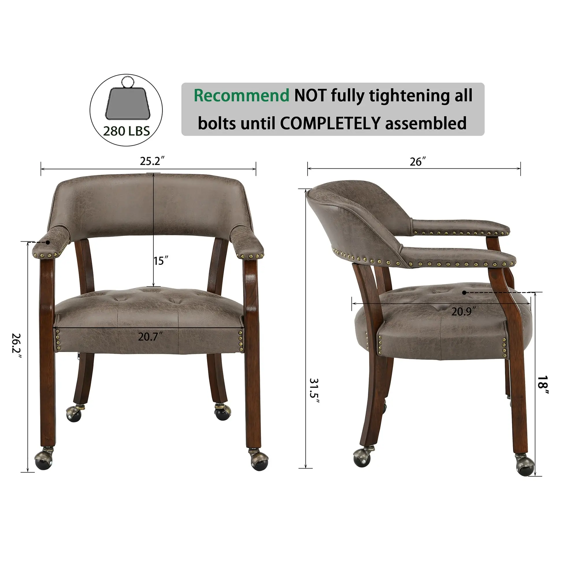 Dining Chairs with Casters and Arms, Upholstered Rolling Dining Chairs with Wheels for Elderly, Ergonomic Wide Seat