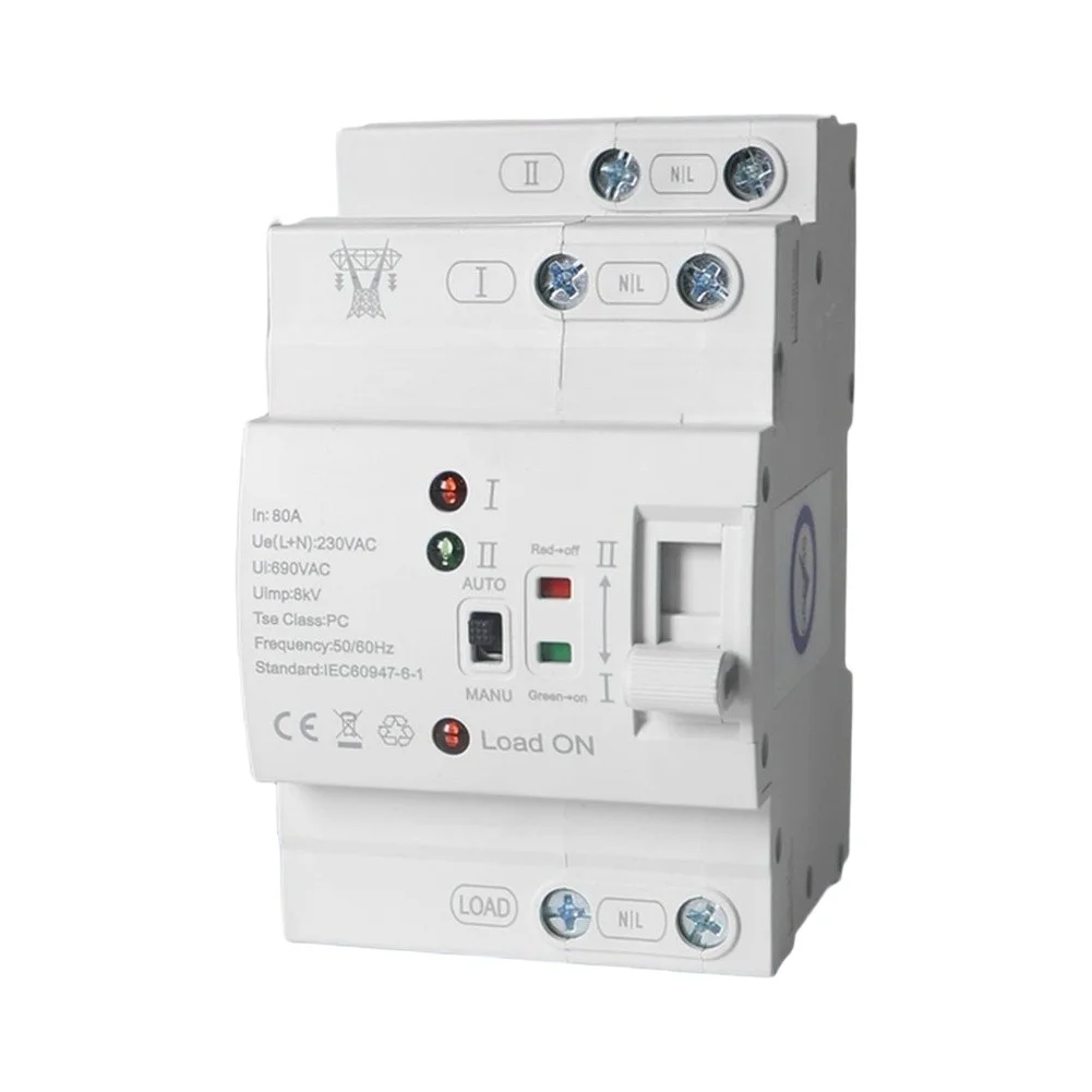 2P 220V Automatic Transfer Switch for Single Phase AC Power Backup Systems with Manual/Auto Selection and Protection
