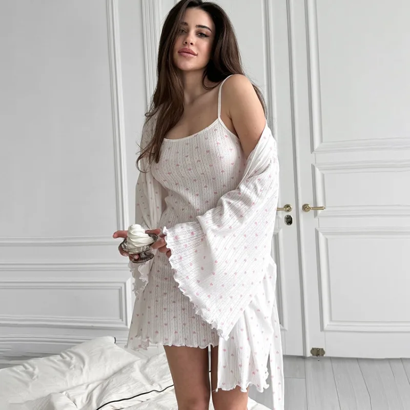 

2026 Spring Summer New Sweet Style Jacquard Nightdress Two Piece Set Love Print Long Sleeves Loungewear Women Robe Nightgown
